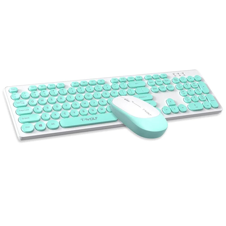 T-WOLF TF770 Wireless Keyboard and Mouse Combo 104 Key Low-Noise Keyboard with Cute Keycaps - Baby Blue