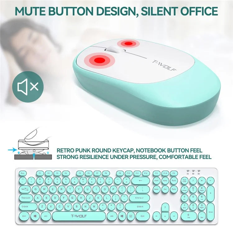 T-WOLF TF770 Wireless Keyboard and Mouse Combo 104 Key Low-Noise Keyboard with Cute Keycaps - Baby Blue